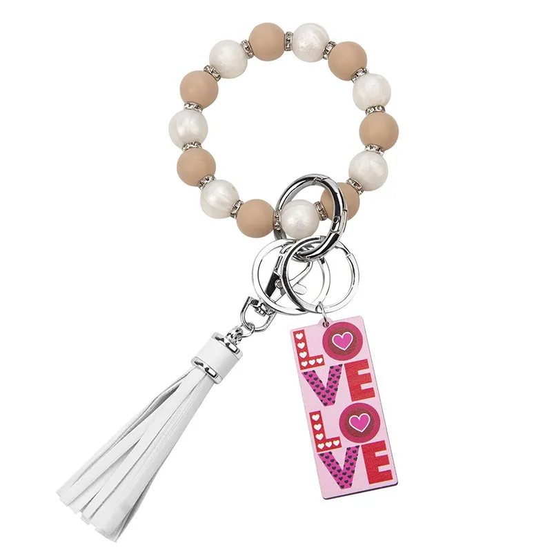 Silicone Bead Keychain LOVE PU Tassel Bracelet Keychain Valentine`s Day Gift Key Chain Wrist Keyring