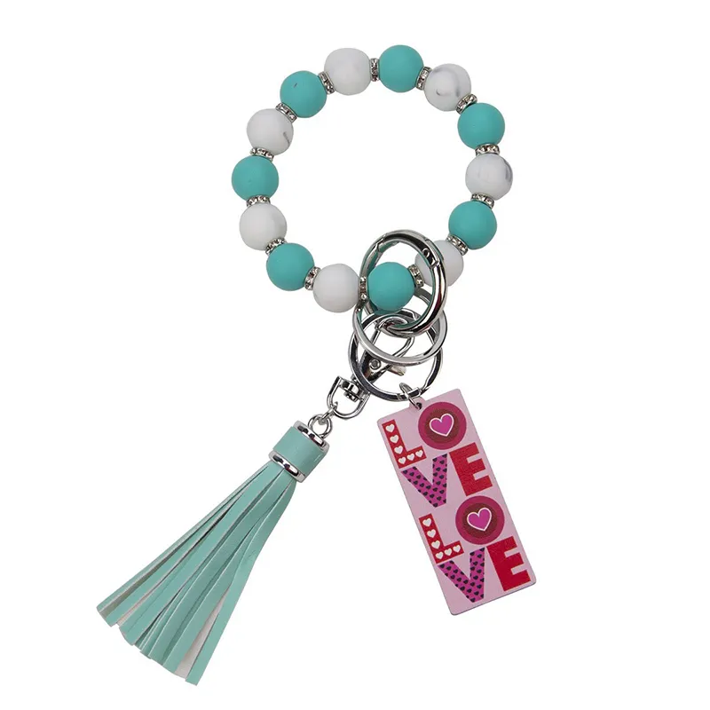 Silicone Bead Keychain LOVE PU Tassel Bracelet Keychain Valentine`s Day Gift Key Chain Wrist Keyring