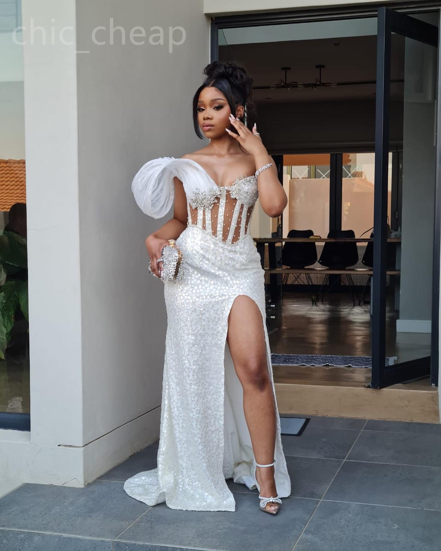 2024 Aso Ebi Ivory Mermaid Prom Dress Beaded Crystals Sequined Lace Evening Formal Party Second Reception Birthday Engagement Gowns Dresses Robe De Soiree ZJ102