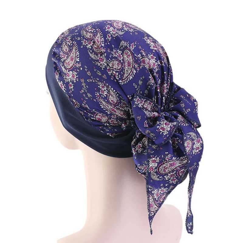 Beanie/Skull Caps Moslimvrouwen Elastische Print Katoenen Tulband Hoed Sjaals Voorgebonden Kanker Chemo Mutsen Hoofddeksels Hoofdomslag Vergulde Haaraccessoires YQ240207