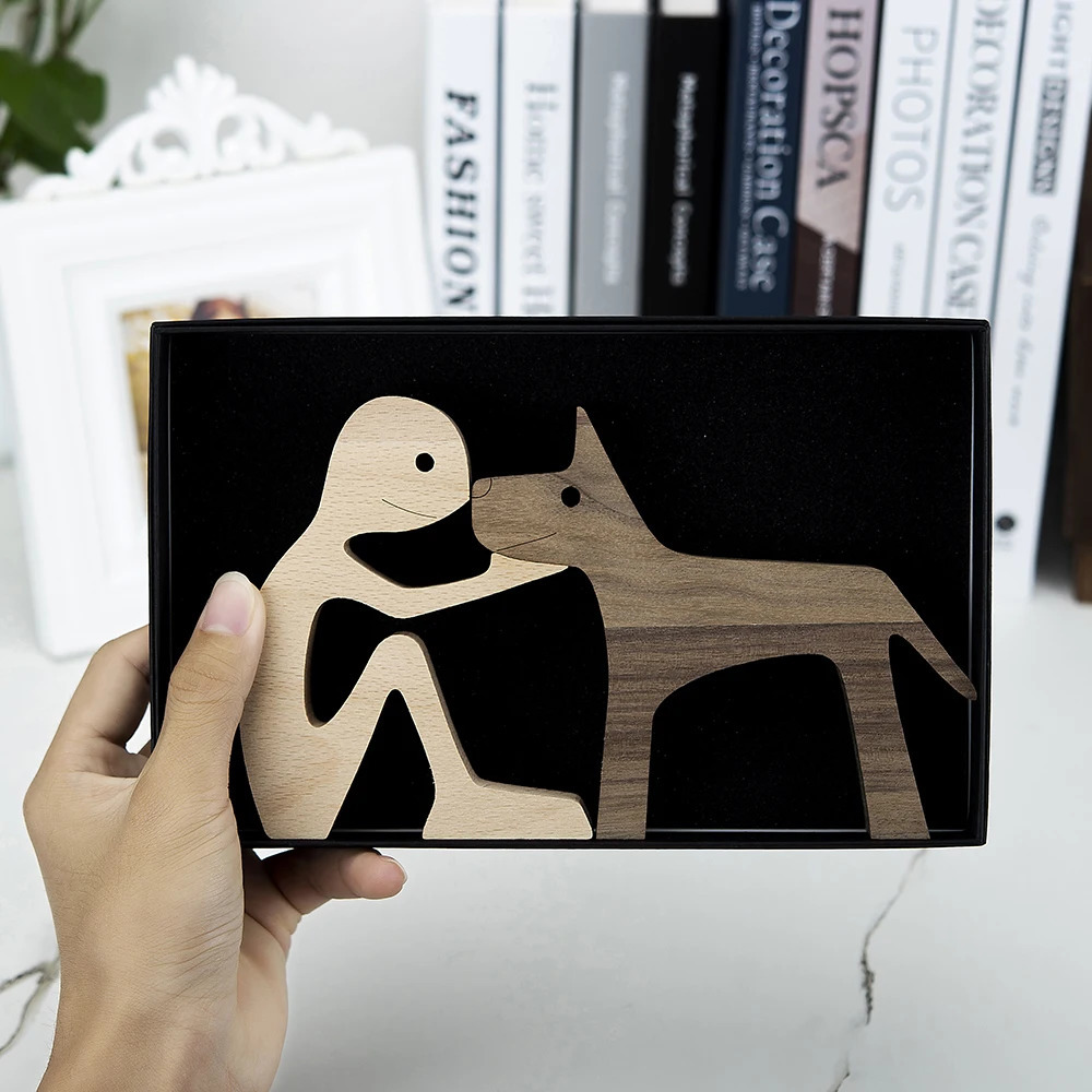 Trähund och mänskligt hantverk Figurin Creative 3D Home Office Decoration Man Staty Wood Toy Desk Eco Friendly 240123