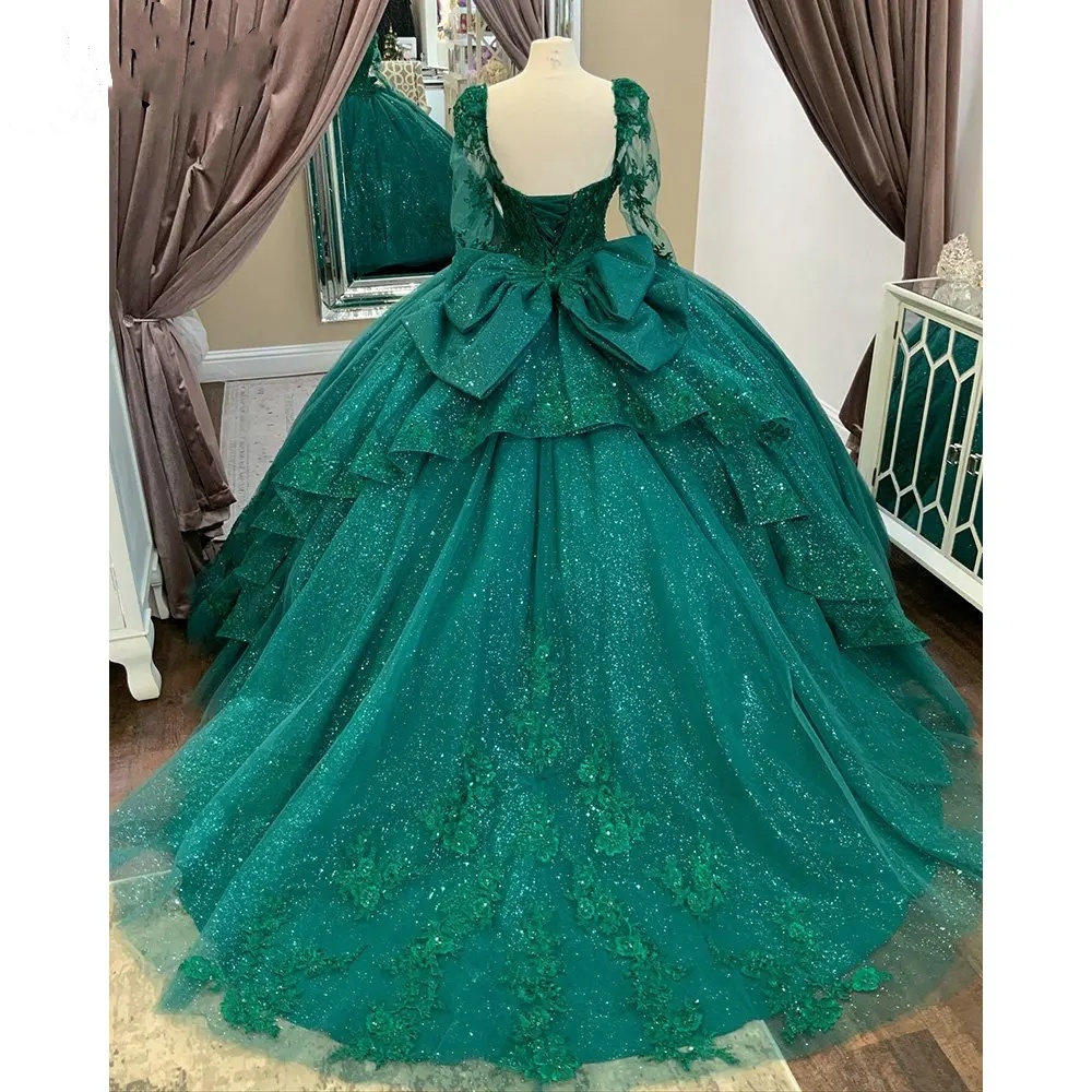 Emerald Green Long Sleeve Ruffles Crystal Quinceanera Dresses Ball Gown Sweetheart Appliques Beading Sweet 15 Vestidos De XV Anos