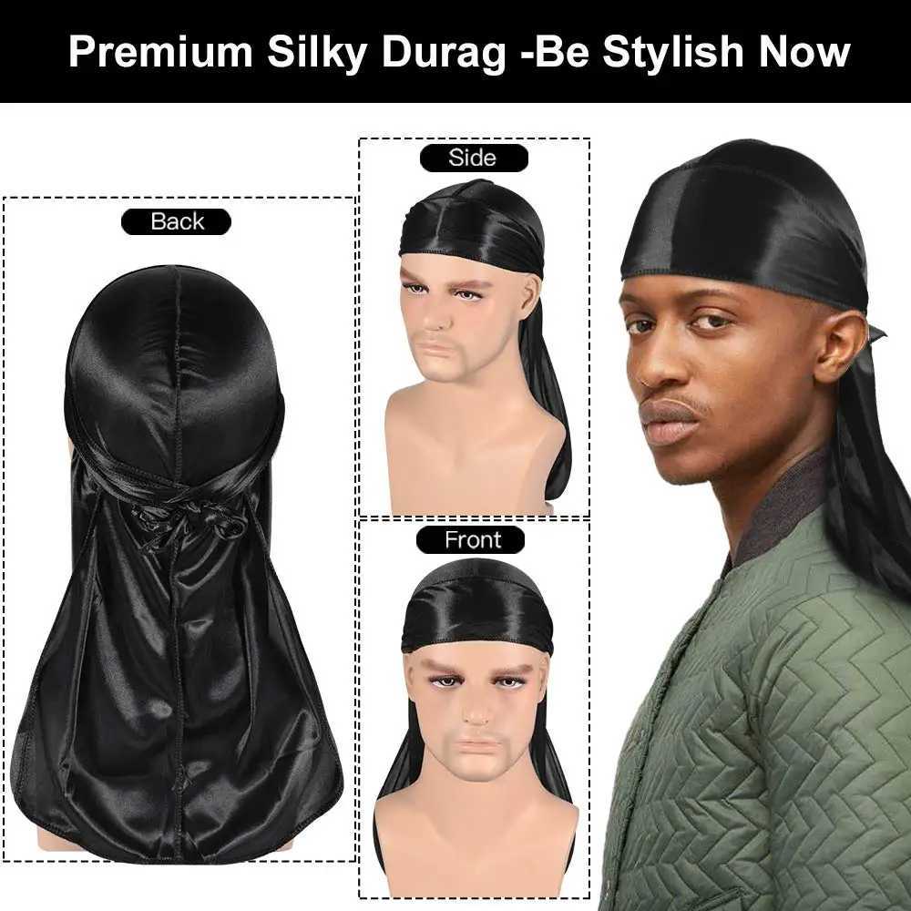 Beanie/Skull Caps Solid Color Wave Caps With Durag for Men Headwear Soft Elastic Breathable Beanie Turban Cap Headwrap Bonnet Hair Accessories YQ240207