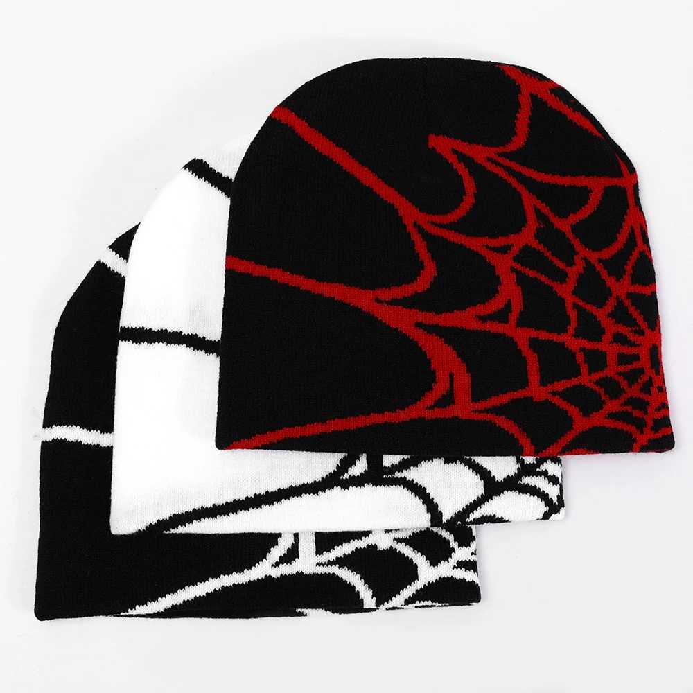 Bonnet/Skull Caps Goth Spider Web Jacquard Beanie Caps Y2K Vintage Tricoté Chaud Hip Hop Unisexe Slouchy Élastique Tricot Chapeau Skull Cap Pour Femmes Hommes YQ240207