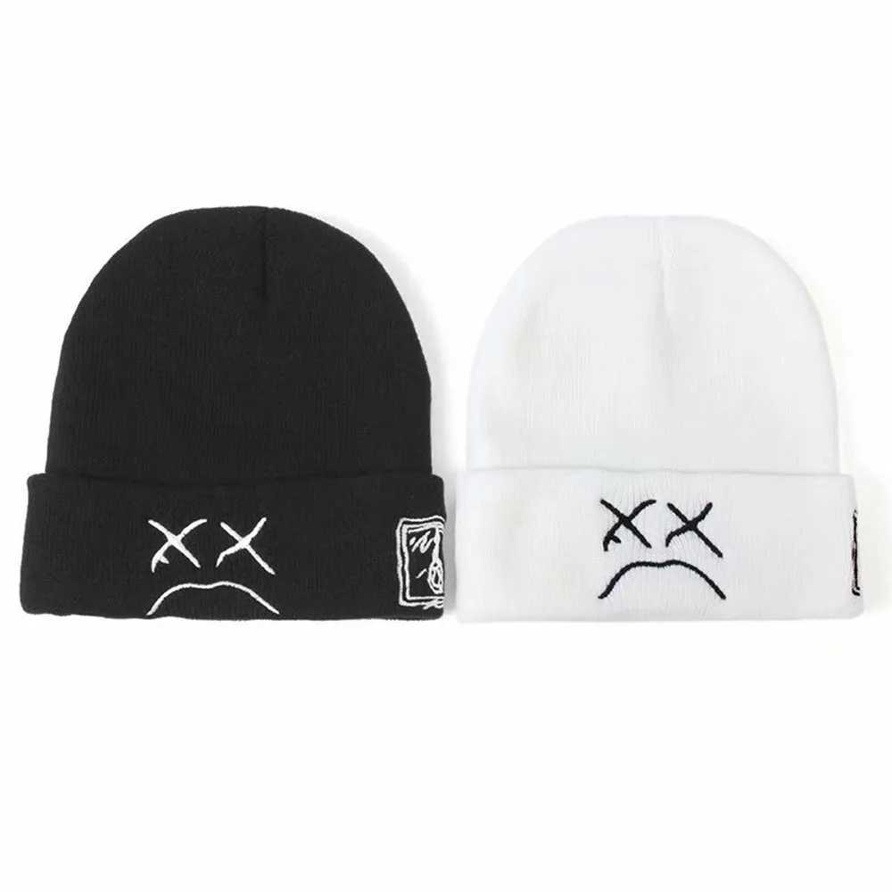 Berretti Beanie / Teschio all'ingrosso Autunno Inverno Mantieni caldi Cappelli Beanie Crying Face Ricamo Berretti da sci Berretti Uomo Donna Triste Ragazzo Faccia Cappelli lavorati a maglia Hip Hop YQ240207