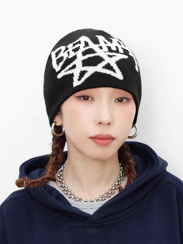 Beanie/Skull Caps Women Hat Beanie Knitting Letter Star Graphic Winter Y2K Streetwear Black Eesthetic Korean Fashion Pullover Kpop Hip Hop Unisex YQ240207