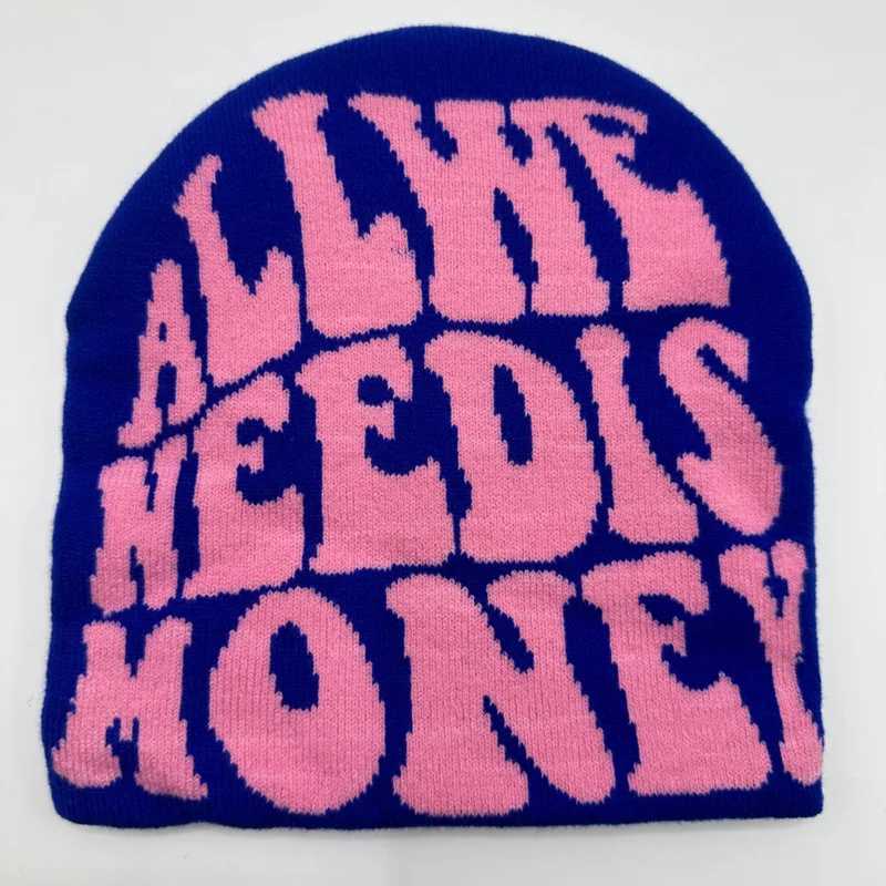 Beanie/Skull Caps ALL WE NEED IS MONEY Beanie Letter Jacquard Hip Hop Knit Hat Unisex Y2K Skull Cap Warm Elastic Beanies Cap For Women Men YQ240207