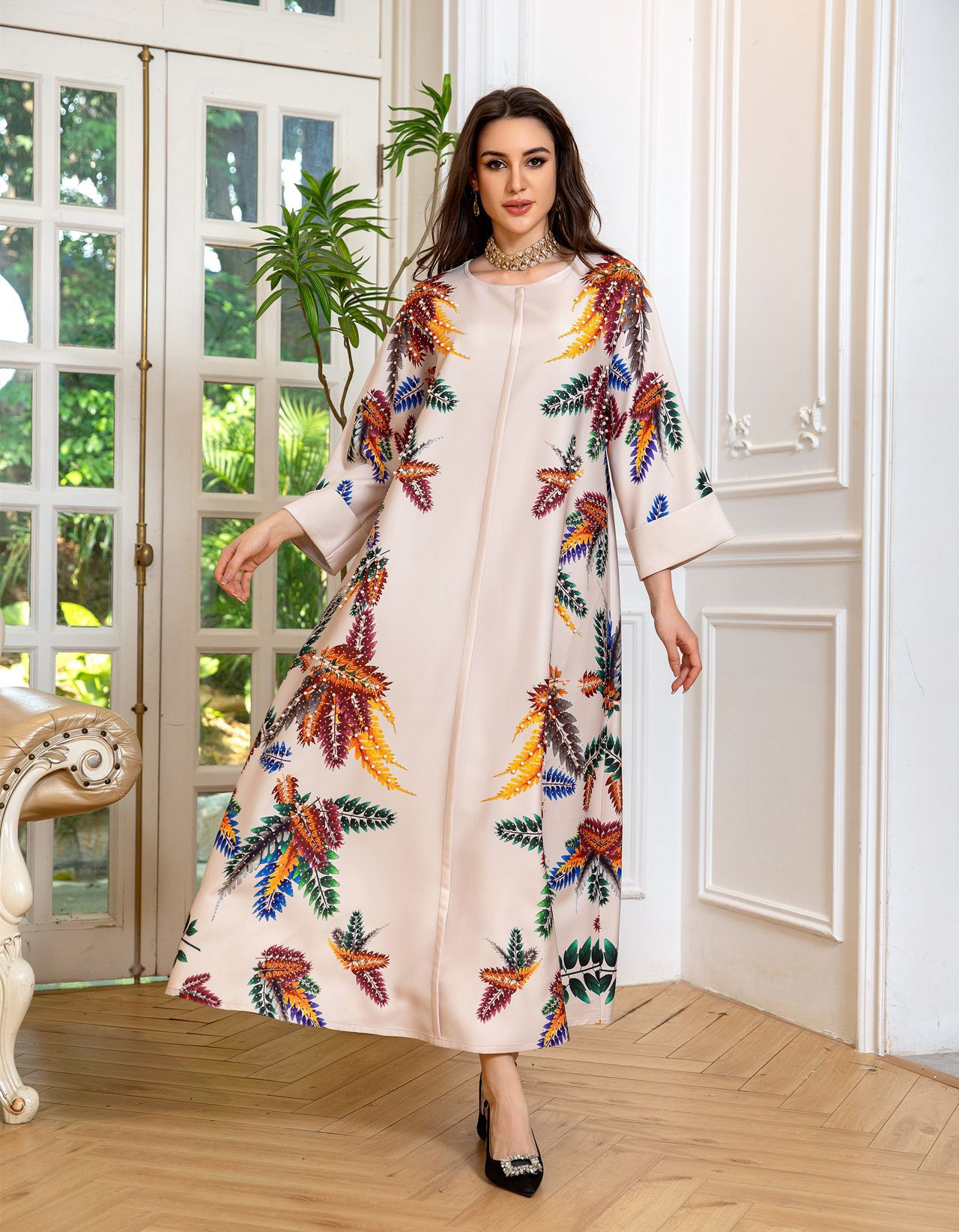 Abito da donna arabo Dubai, moda stampata con perline di diamanti, abiti da sera eleganti, Ramadan musulmano, stile etnico mediorientale, elegante abito da festa Abaya