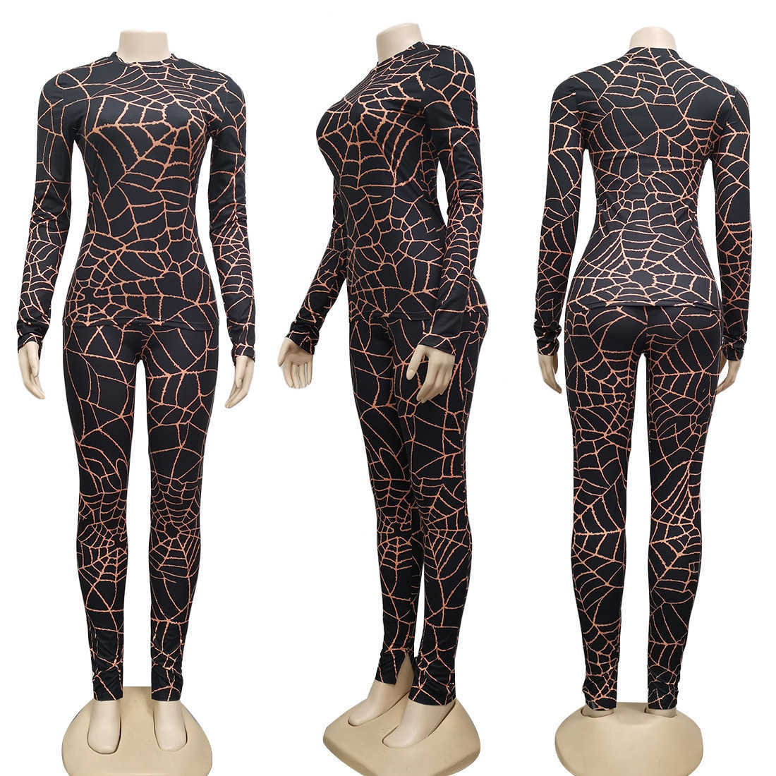 Kadınların Takipleri 2024 Tasarımcı J2326 Bayan Örümcek Web Baskılı Gömlek+Pantolon İki Parçalı Set