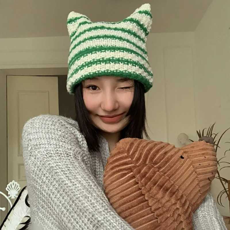 Beanie/Skull Caps Y2K Japanese Beanie Hat Ins Little Devil Striped Knitted Caps For Women Autumn Winter Cute Cat Ears Pointed Pullover Womens Hat YQ240207