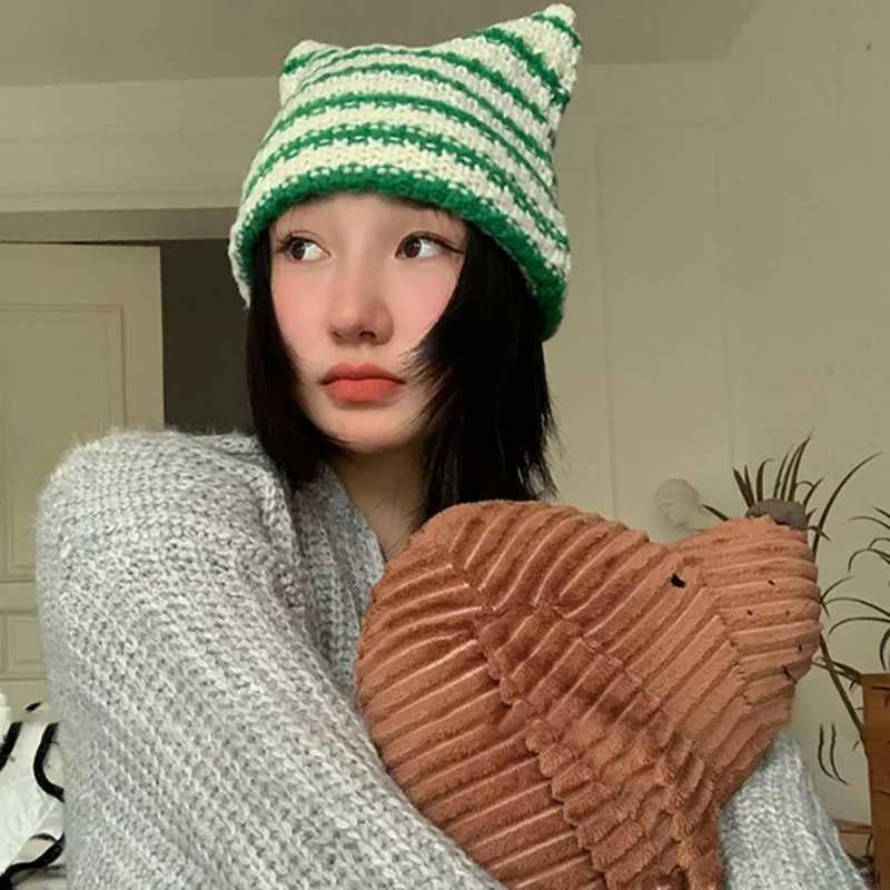 Beanie/Skull Caps Y2K Japanese Beanie Hat Ins Little Devil Striped Knitted Caps For Women Autumn Winter Cute Cat Ears Pointed Pullover Womens Hat YQ240207