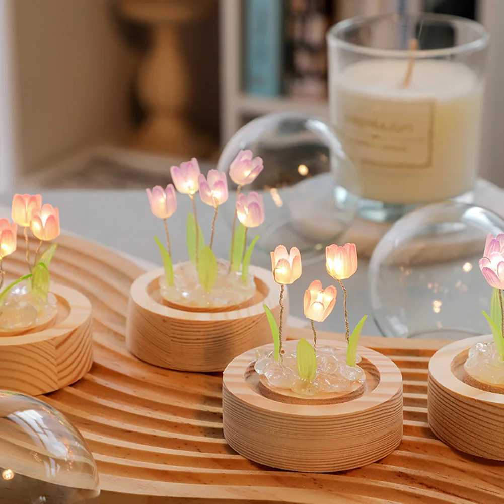 Night Lights Tulip Flower Night Light With Glass Cover Handmade DIY Bedside Light LED Night Lamp Desk Lamp Decor USB Mood Light YQ240207