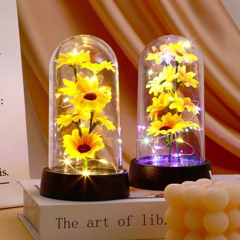 Veilleuses Tournesol veilleuse fleur éternelle couvercle en verre abat-jour Rose éternelle LED lumière feuille fleur créative décor de bureau YQ240207