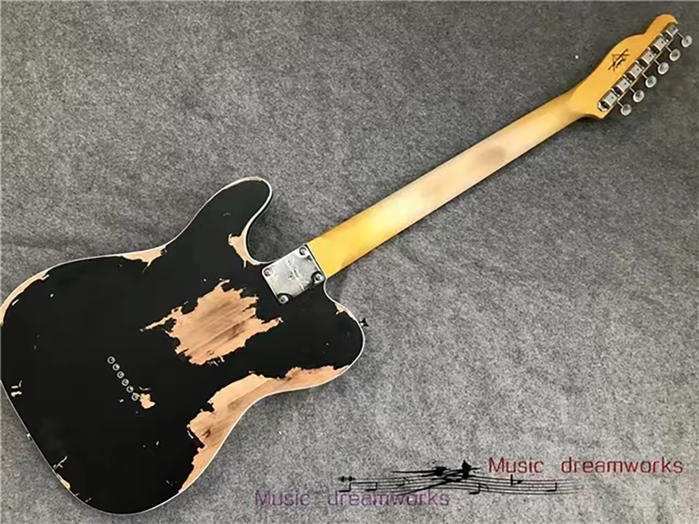 Black high quality relic electric guitar, maple neck, body black, in stock, fast shipping