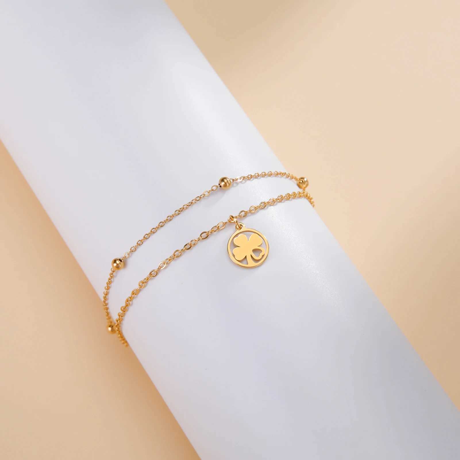 Anklets Kkjoy Fashion لطيف من الفولاذ المقاوم للصدأ الذهبي أربعة أوراق البرسيم شكل القلادة سلسلة الهدايا المجوهر