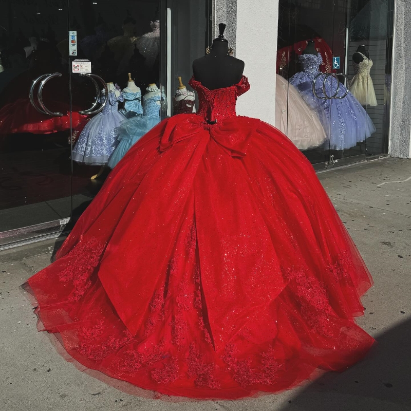 Sparkly Red Quinceanera Dress Off The Shoulder Sweetheart Neck Applique Lace Beads Tull Princess Prom Party Gowns Vestidos De 15 Quinceanera