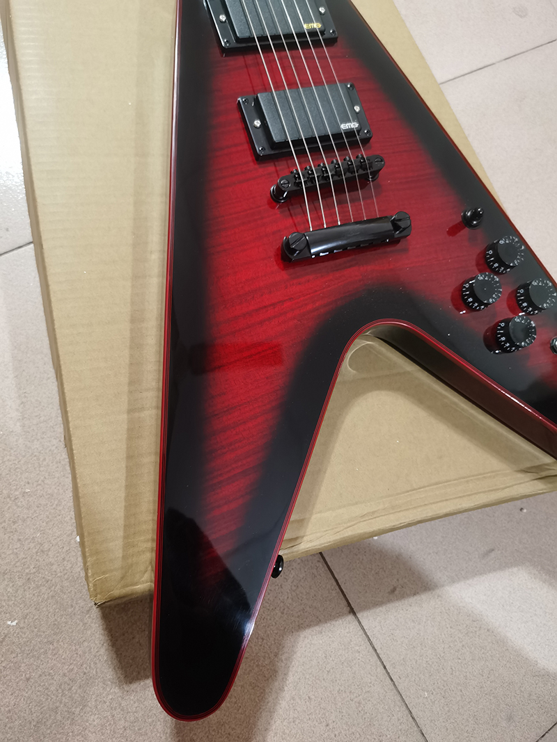 Flying V Black Ring Red Electric Guitar, Black Electronic Accessoarer, Battery Case, Body Front Face 3A Flame Maple Top i lager