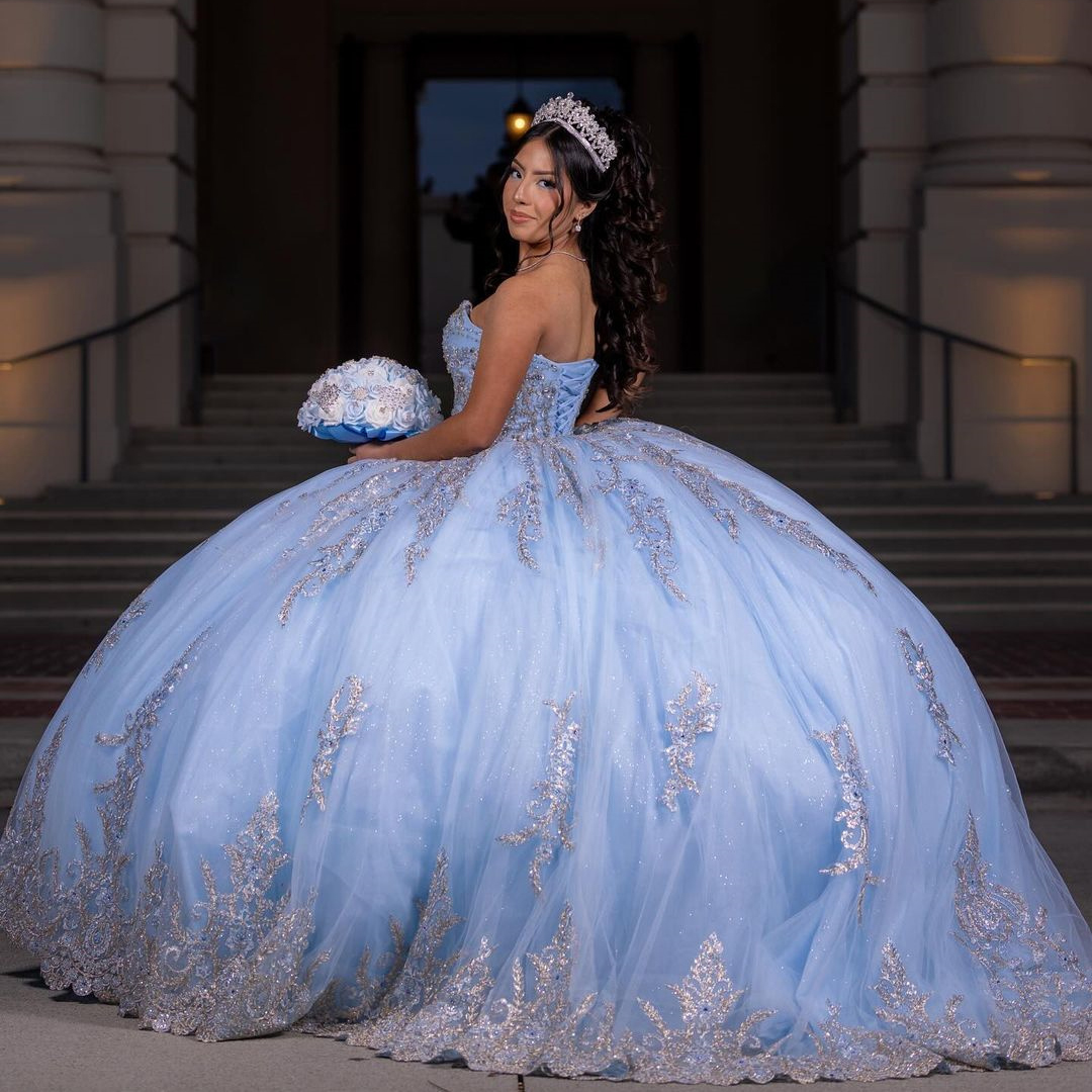 Sky Blue Quinceanera Dress Floral Princess Ball Ball Bead Bead Lace Up Birthday Plat Prom Dresses Vestido de 15