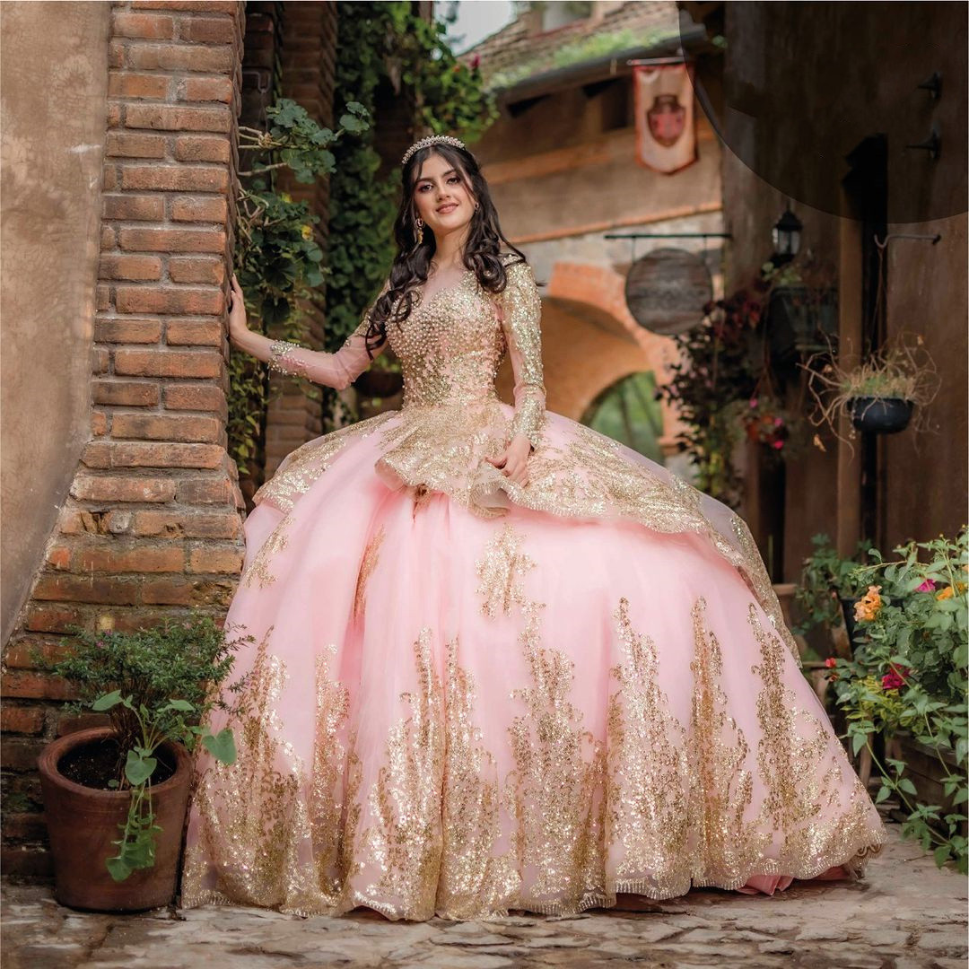 Funkelndes rosafarbenes Quinceanera-Kleid für süße 16-Mädchen mit Pailletten, Perlen, Geburtstagsfeier, Abschlussballkleider, abgestufte Prinzessin, Ballkleid, Robe de Bal