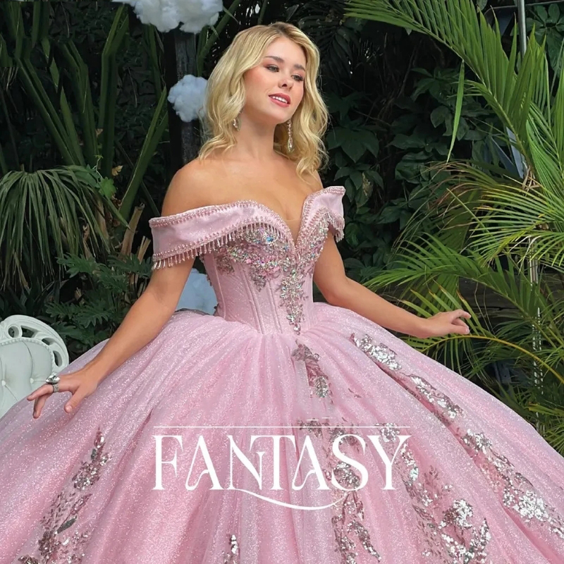 Pink Glitter Crystal Beading Tassel Ball Gown Quinceanera klänningar från axeln paljett Applices spets söta vestidos de 15 anos