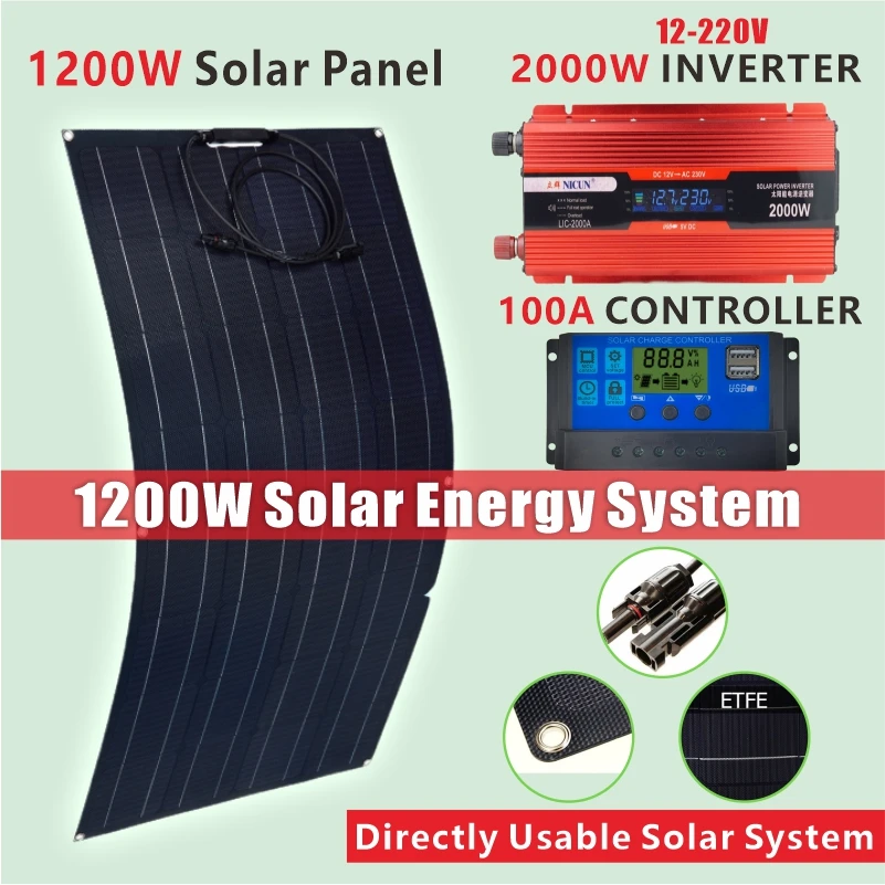1200W/2400W Solenergisystem 110V/220V 2000W Solpanel inverterglas 12V Batteriladdningskontroll för hem/utomhusbruk