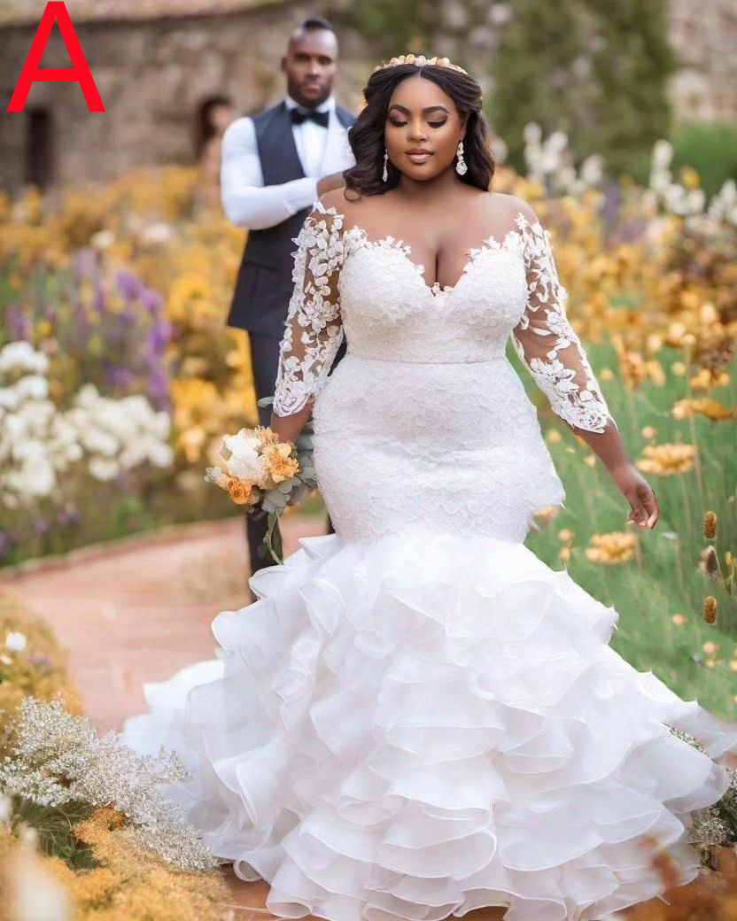 2024 Arabe Aso Ebi Plus taille en dentelle blanche Robe de mariée sienne couche à manches longues robes de mariée Robes ZJ505