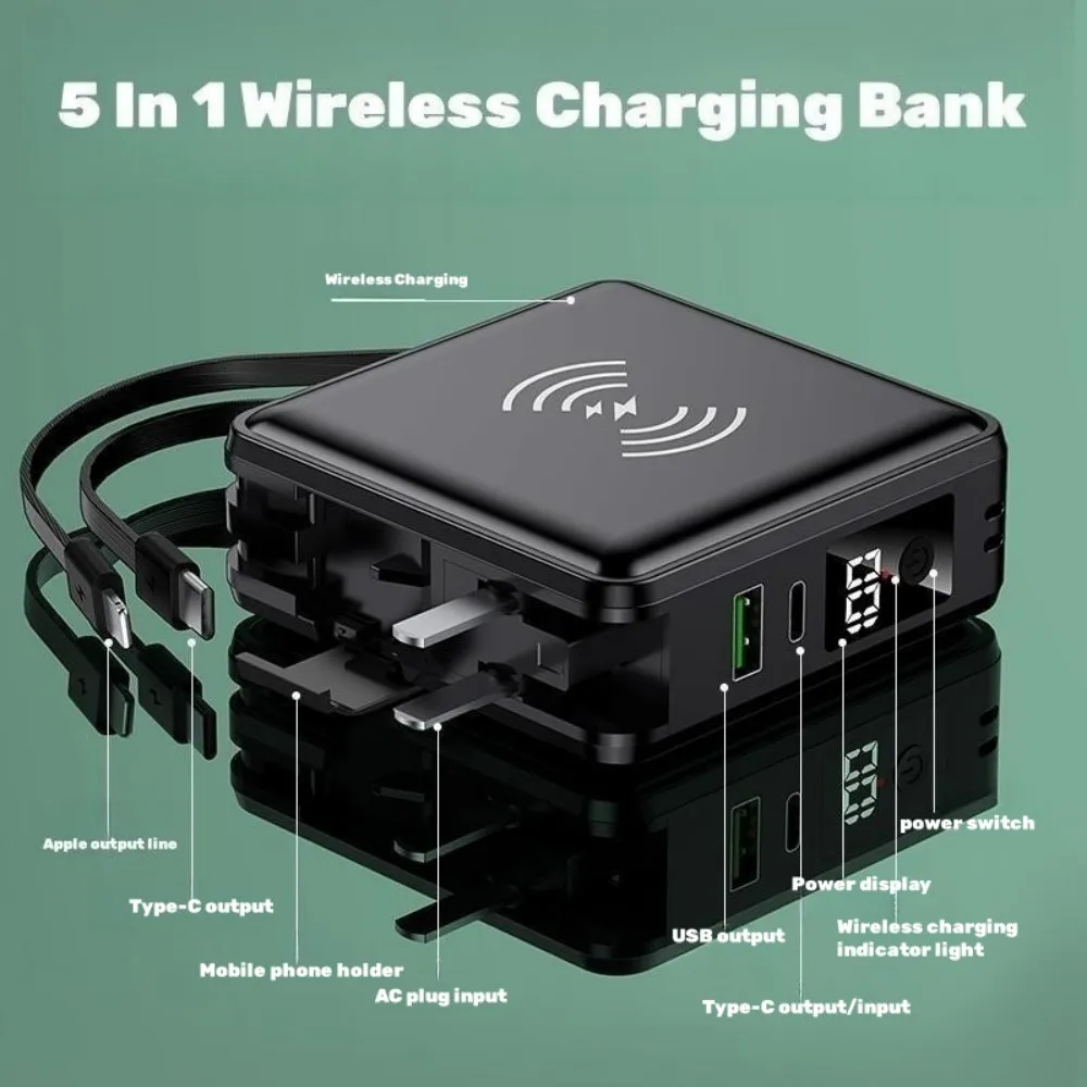 5 I 1 Trådlös laddning Bank Travel Fast Charger kommer med kabel och plugg, stor kapacitet Portable Mobile strömförsörjning