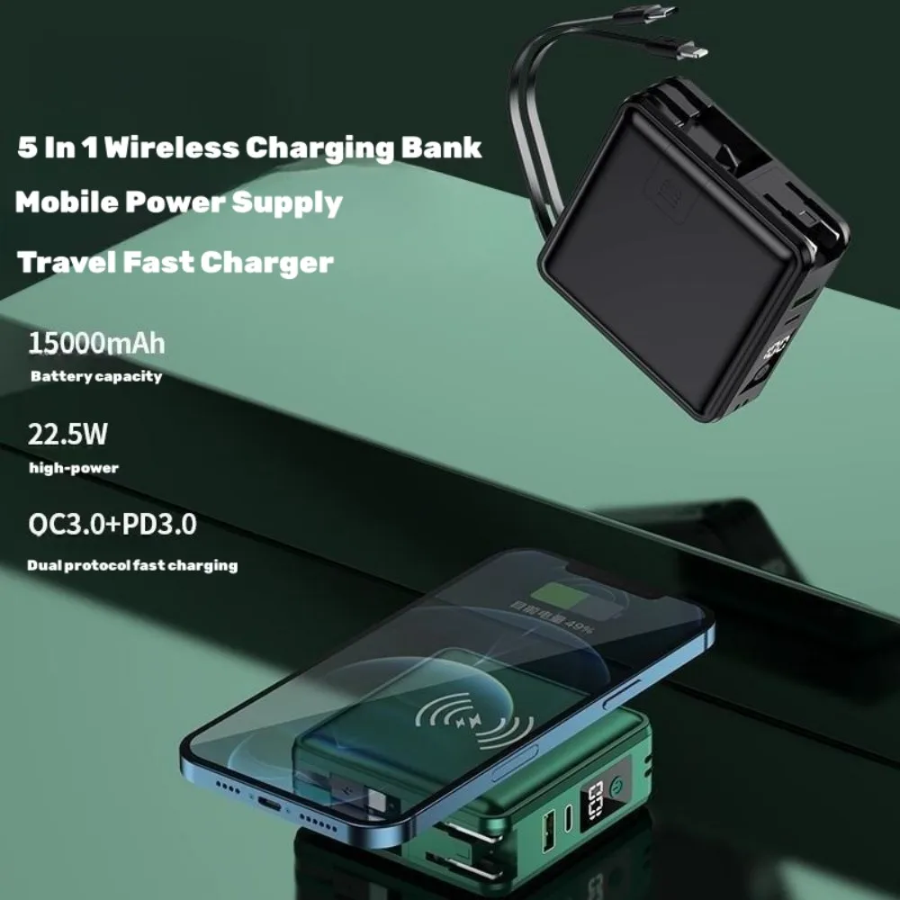 5 I 1 Trådlös laddning Bank Travel Fast Charger kommer med kabel och plugg, stor kapacitet Portable Mobile strömförsörjning