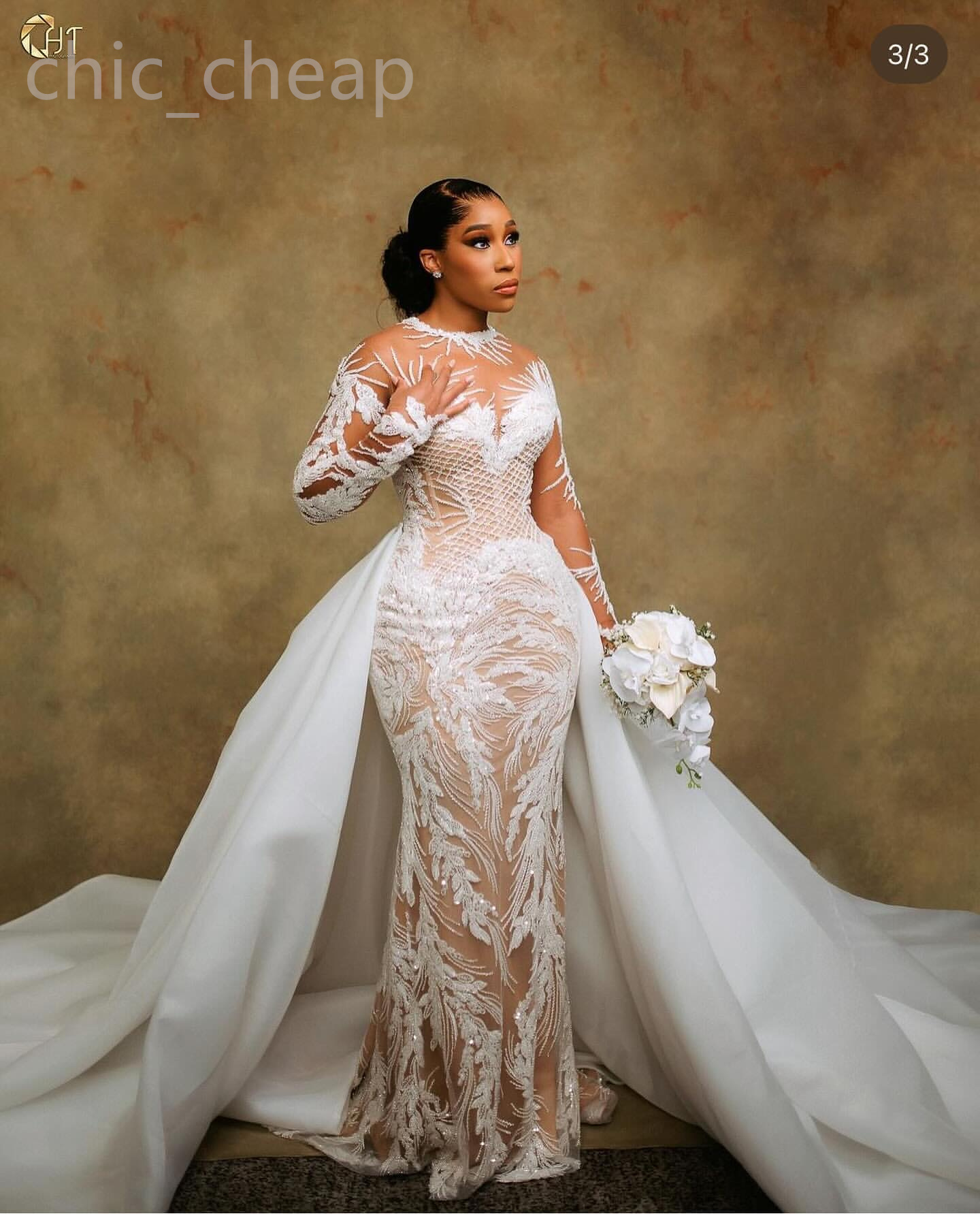 2024 Arabo Aso Ebi Plus Size Illusion Sirena Avorio Abito da sposa In rilievo Paillettes Abiti da sposa in pizzo Abiti ZJ033