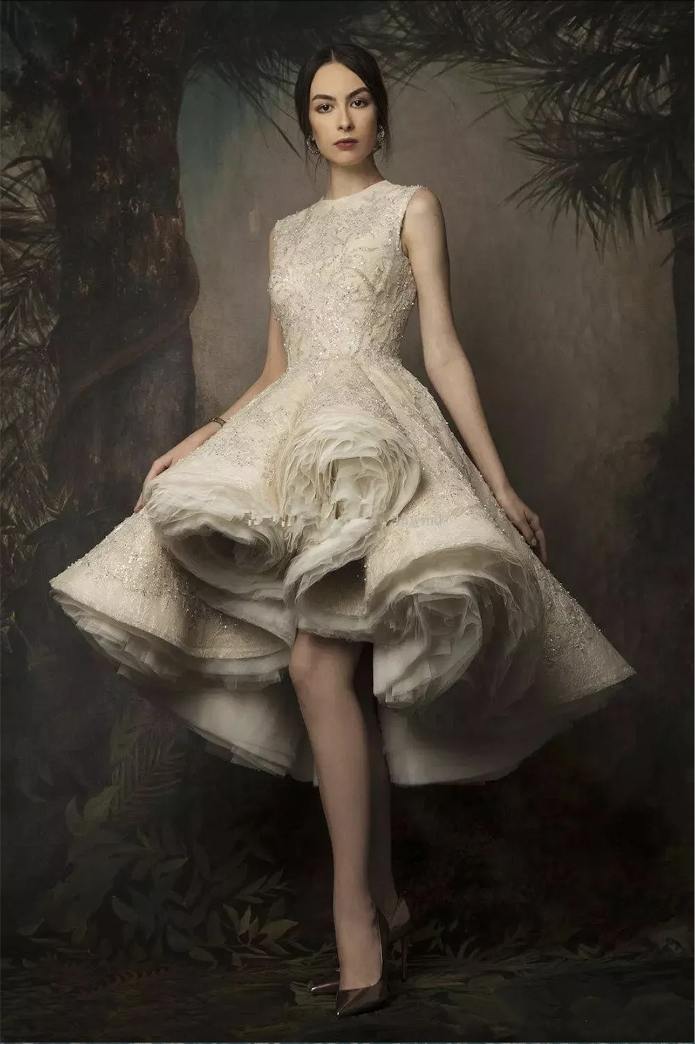 Krikor Jabotian High Low Wedding Dresses 2024 Jewel Neck Lace Sequined Short Wedding Dress Ruched Organza Bridal Gowns