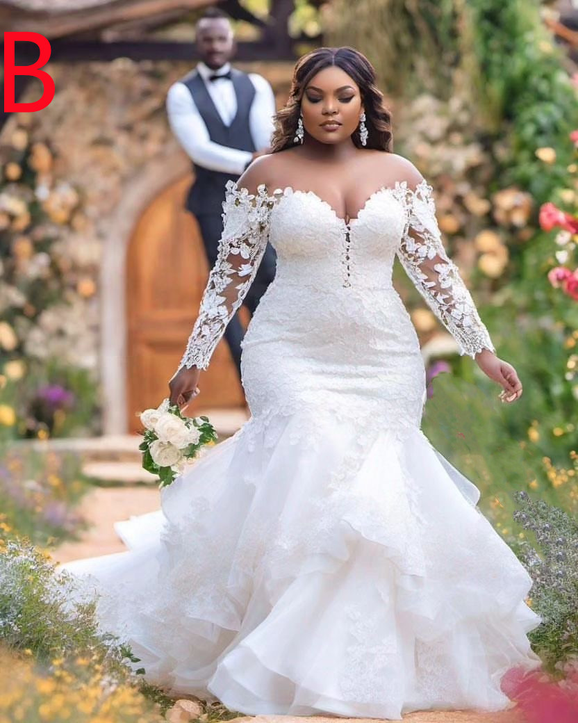 2024 Arabe Aso Ebi Plus taille en dentelle blanche Robe de mariée sienne couche à manches longues robes de mariée Robes ZJ505