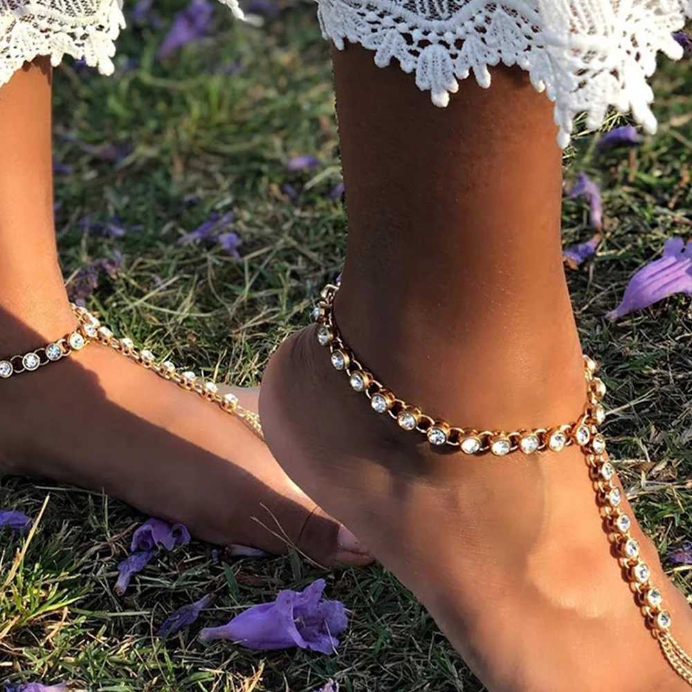 Anklets Stonefans Boho Rhinestone Tennis Tennis Chain Anklet Foot Wholesale Jewelry Simple Shain Leg Anklet Bracet Party Beach Accessories YQ240208