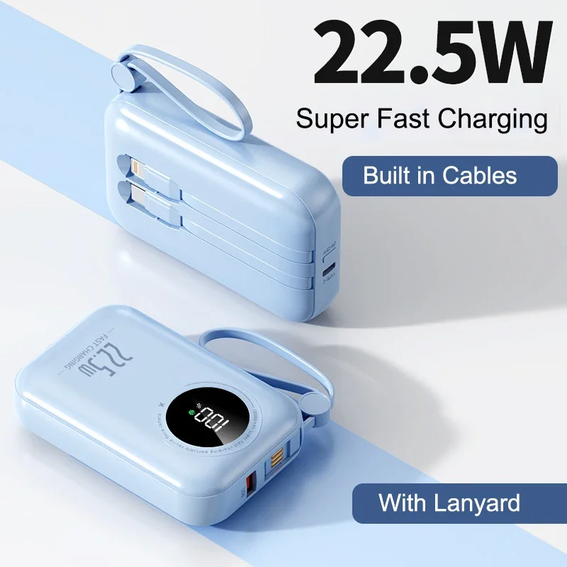 Portable Mini Power Bank With Cable 22.5W Fast Charging 20000mAh Powerbank for iPhone 14 13 Xiaomi Huawei External Battery Pack