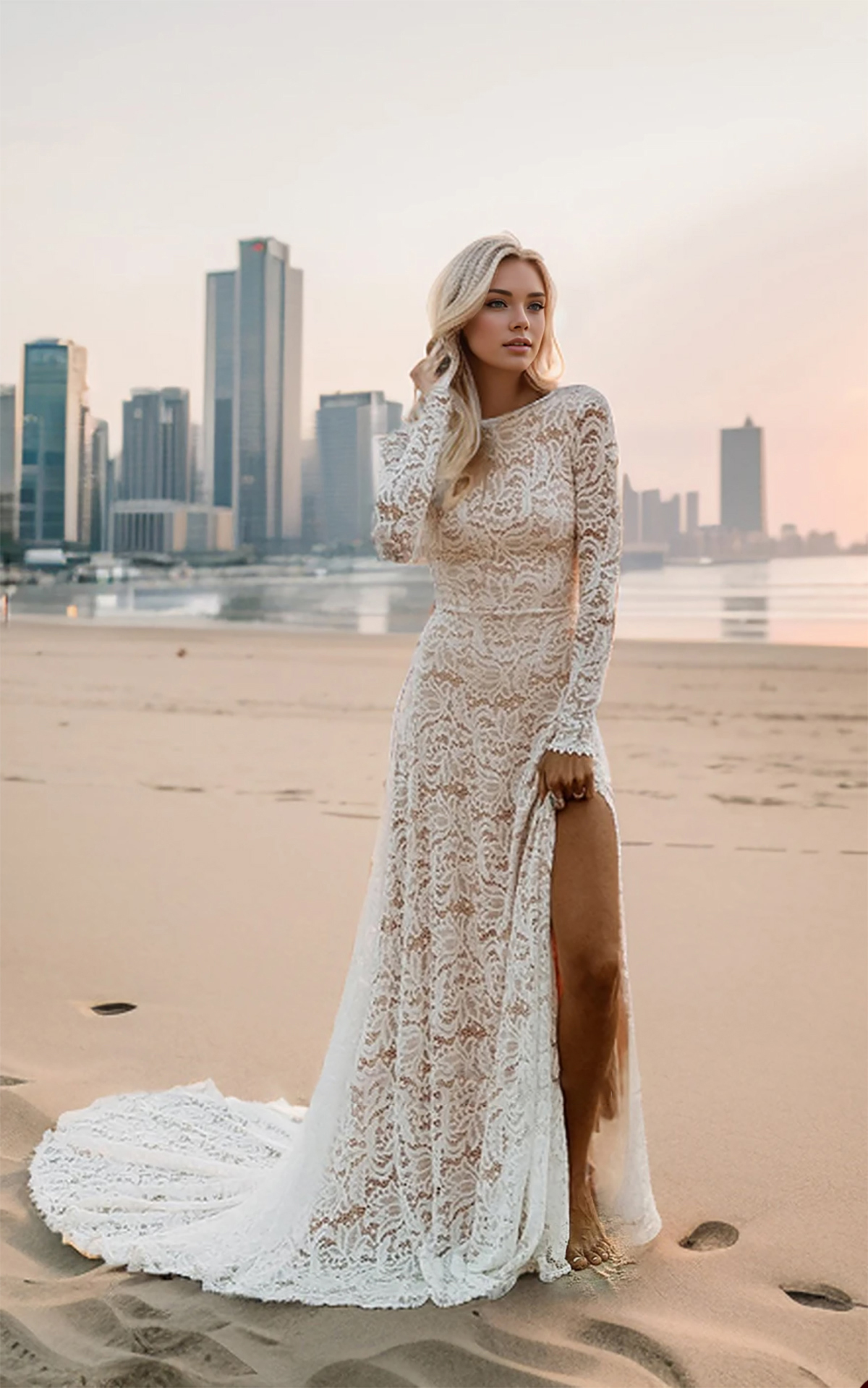 Boho Кружева Русалка Свадебные платья Jewel Neck с длинными рукавами Аппликации Robe De Soiree Свадебные платья Пляжное платье невесты с разрезом по бокам