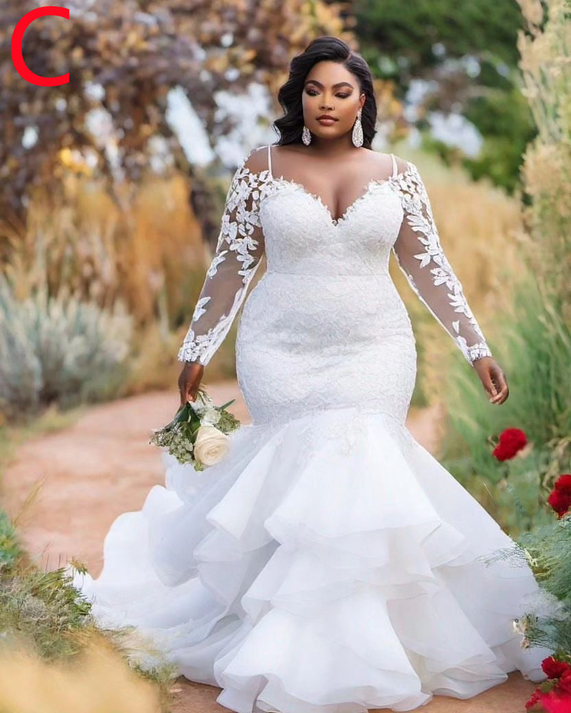 2024 Arabe Aso Ebi Plus taille en dentelle blanche Robe de mariée sienne couche à manches longues robes de mariée Robes ZJ505