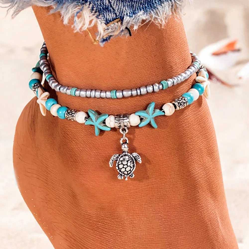 Ankiety Bohemia Blue Starfish Turtle z koralika kostka ręcznie robiona wielowarstwowa sowa słonia kotwica urok Anklets Women Girl Beach Foot Jewelry YQ240208