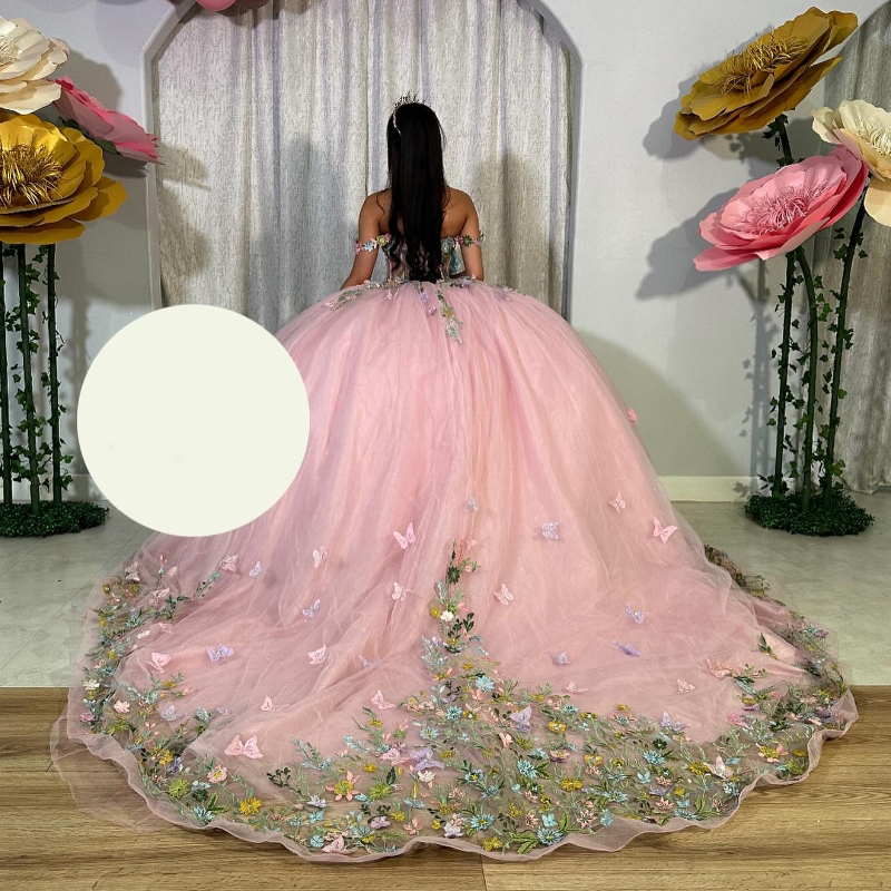 Pink Princess Lace Appliques Bow Beading Tull Off The Shoulder Quinceanera Dresses Girls Ball Gown Sweet Vestidos De 15 Anos