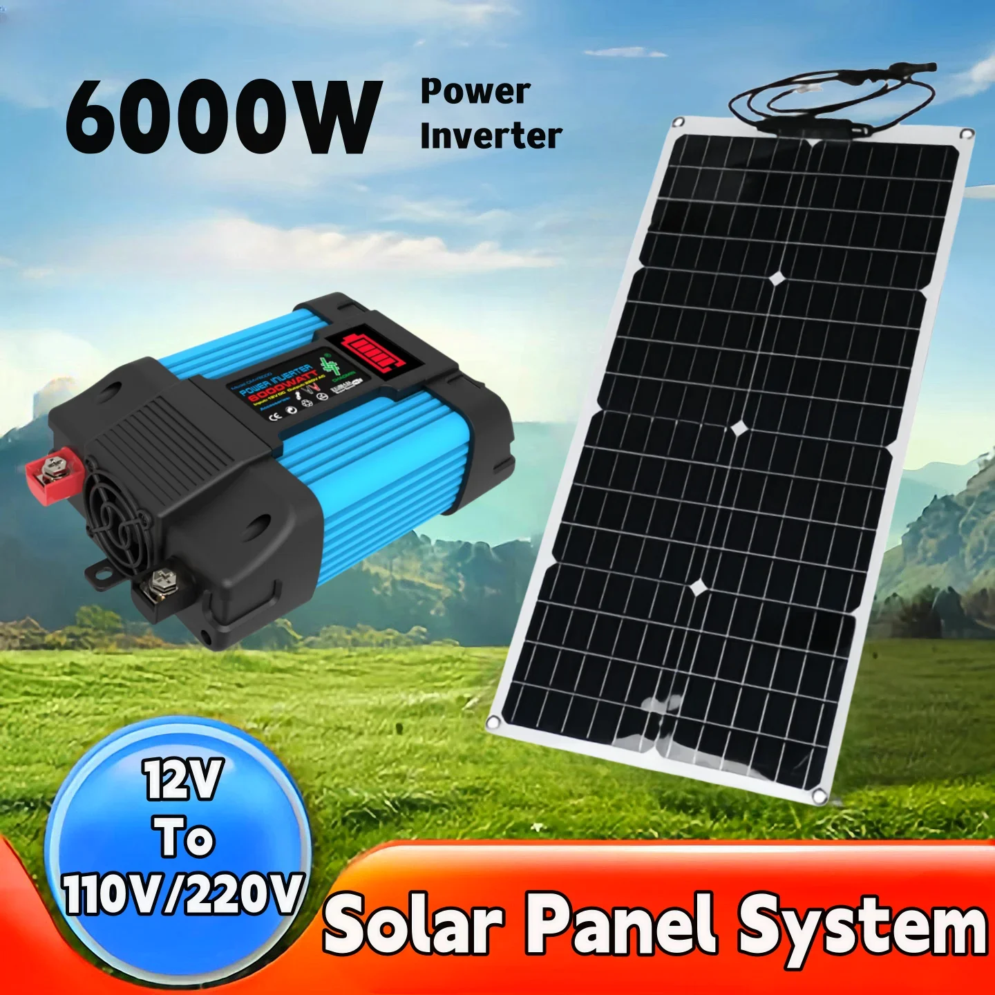 2000W Solenergisystem 6000W Solpanelinverterare 12V-110V/220V Glas 12V Batteriladdningskontroll för hem/utomhusbruk