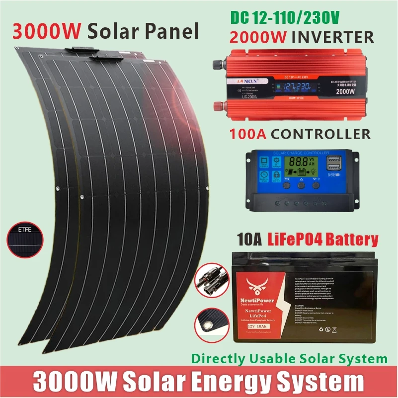 3000W solpanelsystemssatser för hem med 2000W inverter DC 110V/230V Solpanel 100A Laddningskontroller 10AH LFP4 -batteri