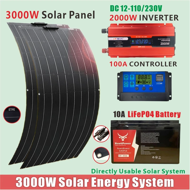 2000W 인버터 DC 110V/230V 태양 전지판 100A 충전 컨트롤러 10AH LFP4 배터리가있는 3000W 태양 전지판 시스템 키트