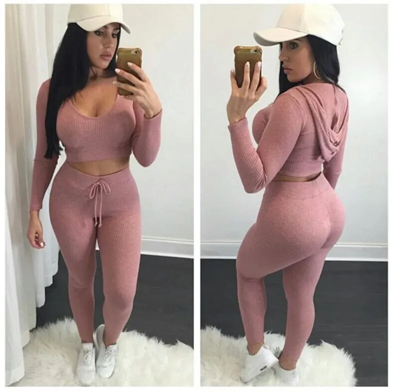 Eur Fashion Sexy Crop Top With Leggings Pants Set Solid Knitted High Hip Clothing Tracksuits