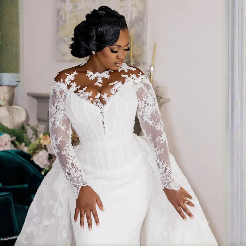 Robes de mariée africaines Aso Ebi sirène avec train détachable col transparent dentelle délicate appliquée grande taille robes de réception de mariée manches longues robes CL3294