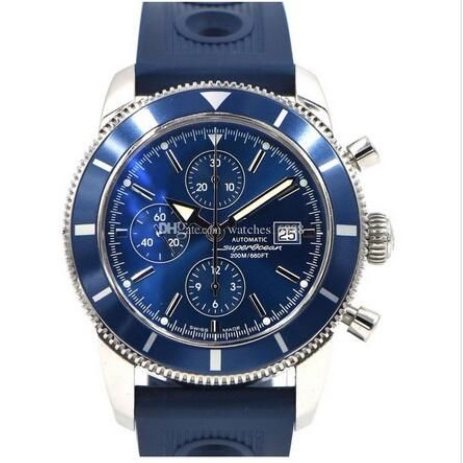 Neue SuperOcean Heritage Chrono 46 mm Quarzuhr A13320, blaues Zifferblatt und Kautschukband, Herren-Sportarmbanduhren246E