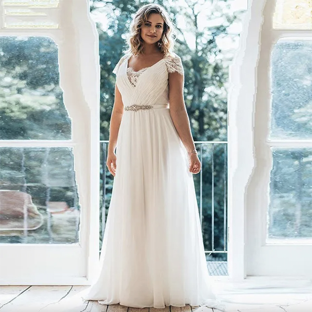 Plus Size Elegant Chiffon A Line Wedding Dresses With Cap Sleeves Sexy V Neck Lace Chic Bridal Gowns Boho Garden Beach Floor Length Pleated Bride Robes De Mariee