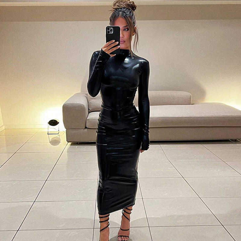 Basic Casual Dresses 2024 designer Wind imitation PU leather skirt solid color slim fit dress round neck high waist wrapped buttocks tight fitting long skirt dress