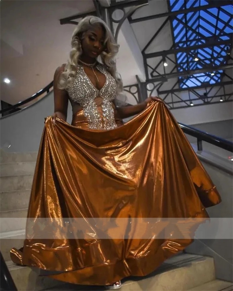 Brown O Neck Long Prom Dress For Black Girls 2024 Beaded Crystal Birthday Party Gowns Mermaid Formal Gown Robe De Bal