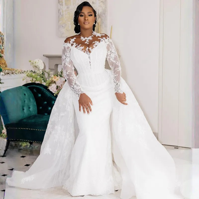 Robes de mariée africaines Aso Ebi sirène avec train détachable col transparent dentelle délicate appliquée grande taille robes de réception de mariée manches longues robes CL3294