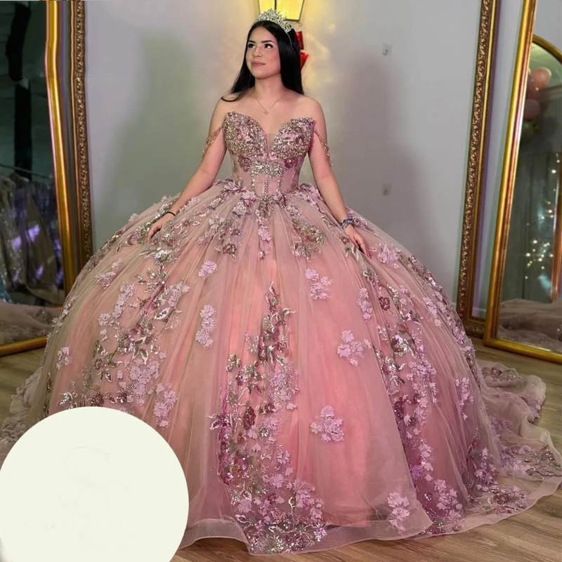 Rosa glitter miçangas cristal babados vestido de baile quinceanera vestidos fora do ombro lantejoulas apliques rendas espartilho vestidos de 15 anos