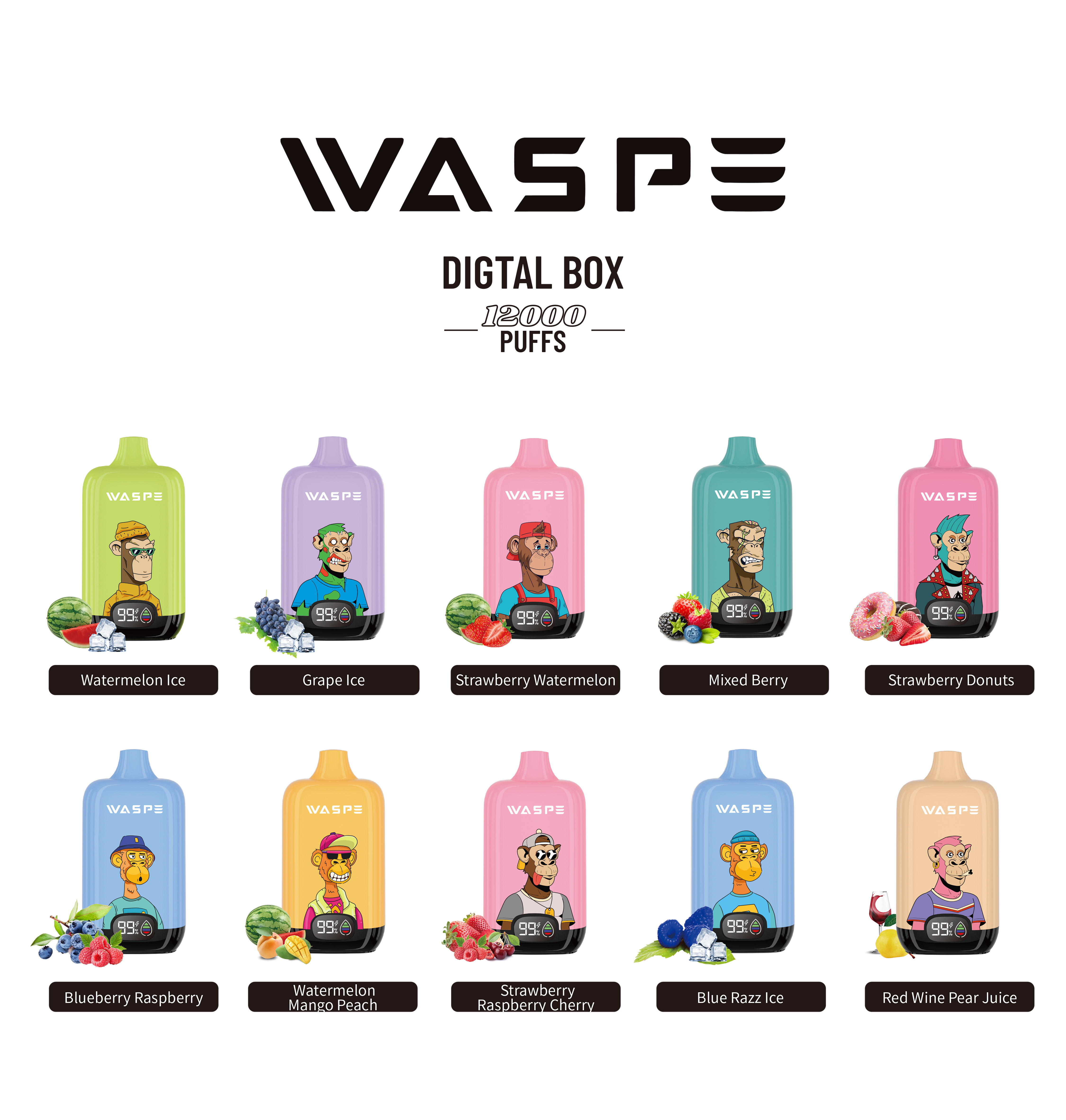 Original WASPE Digital Box puff 12000 Disposable Vape Pod Device vapers puffs 12K/10K Rechargeable e cigarette WASPE 12000 BANG 15000 BANG BOX