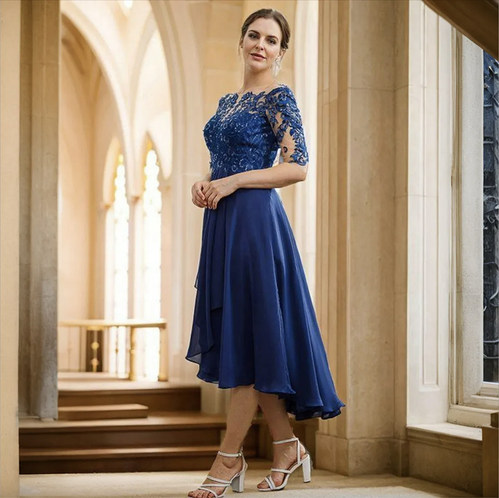 Royal Blue T Length Mother of the Bride Gowns Half Sleeves Mother's Dress for Marriage Bride Lace Beaded Sequined Gowns for African Groom Black Women